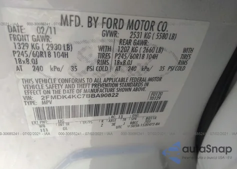 2011 Ford Edge Limited из США, поврежденный, VIN 2FMDK4KC7BBA90822